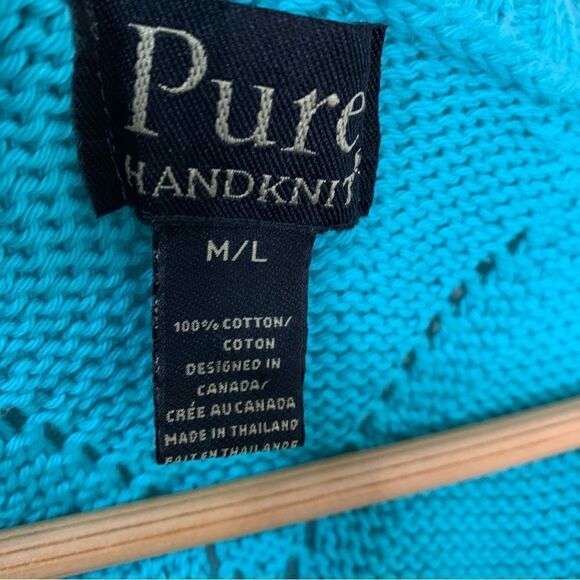 Pure Handknit Teal Blue 3/4 Sleeve Cardigan Sweater Women's M L - Picture 2 of 4